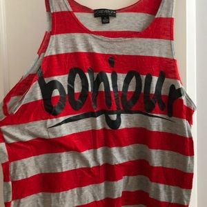 Red and gray striped Bonjour tank.